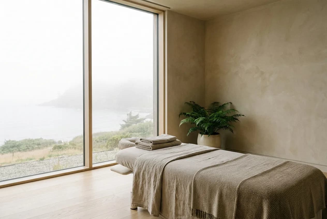 A calm, light-filled treatment room at Azalea Physiotherapy overlooking the water in West Vancouver
