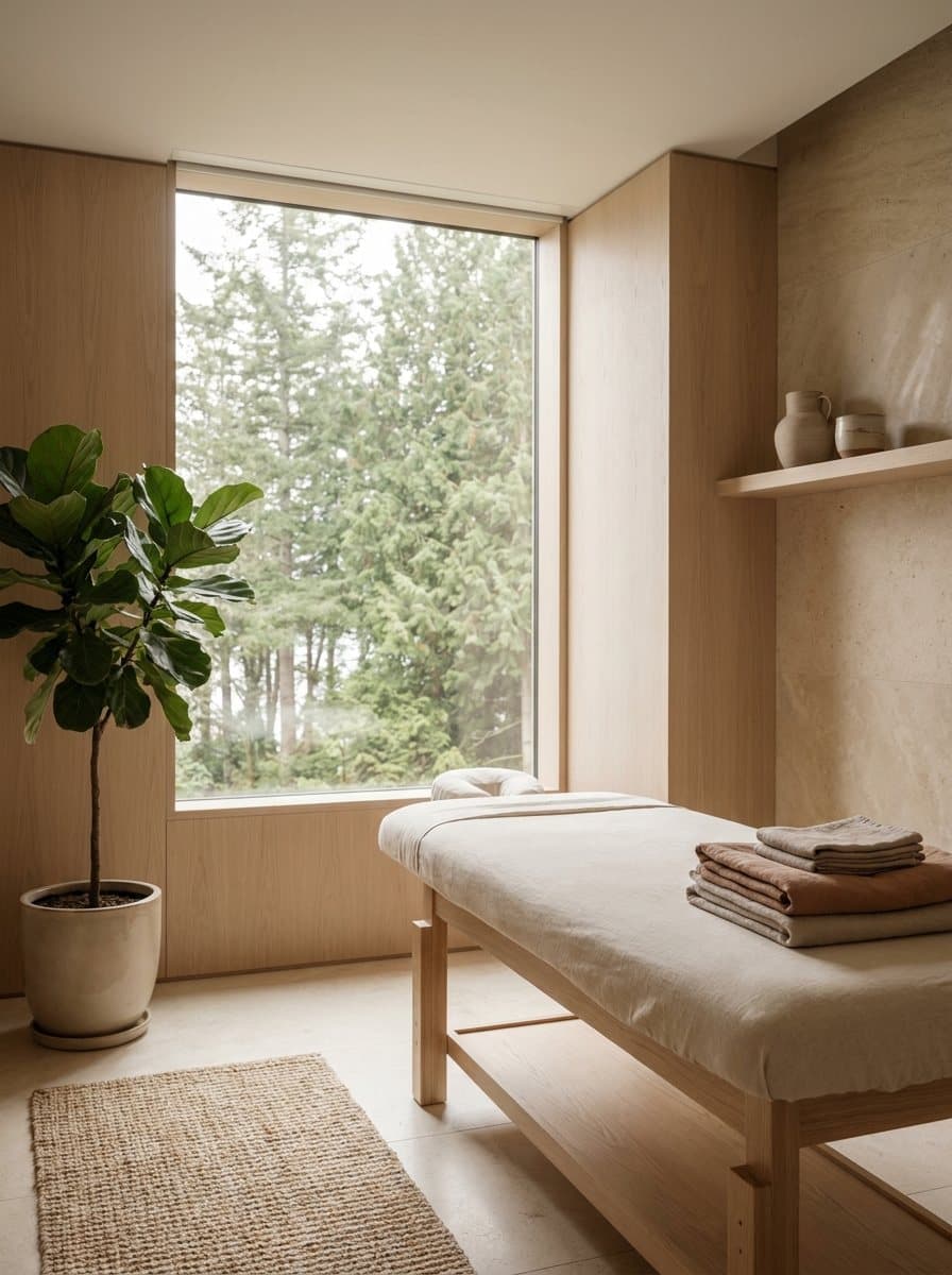 A calm, daylit treatment room in warm wood and stone tones, with coastal trees through the window